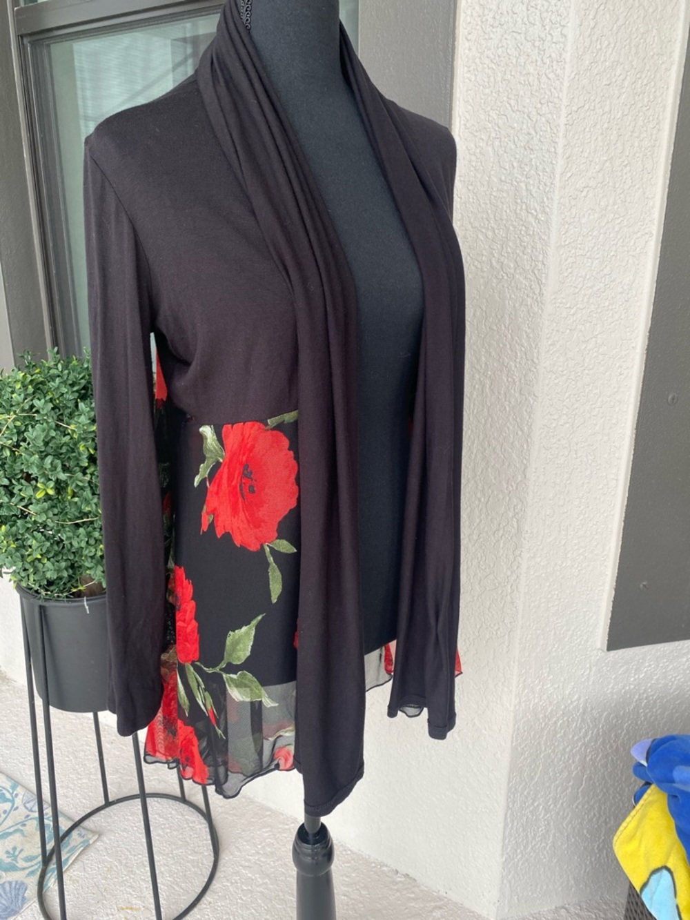 Kim & Cami Black Open Cardigan with Red Floral Hem